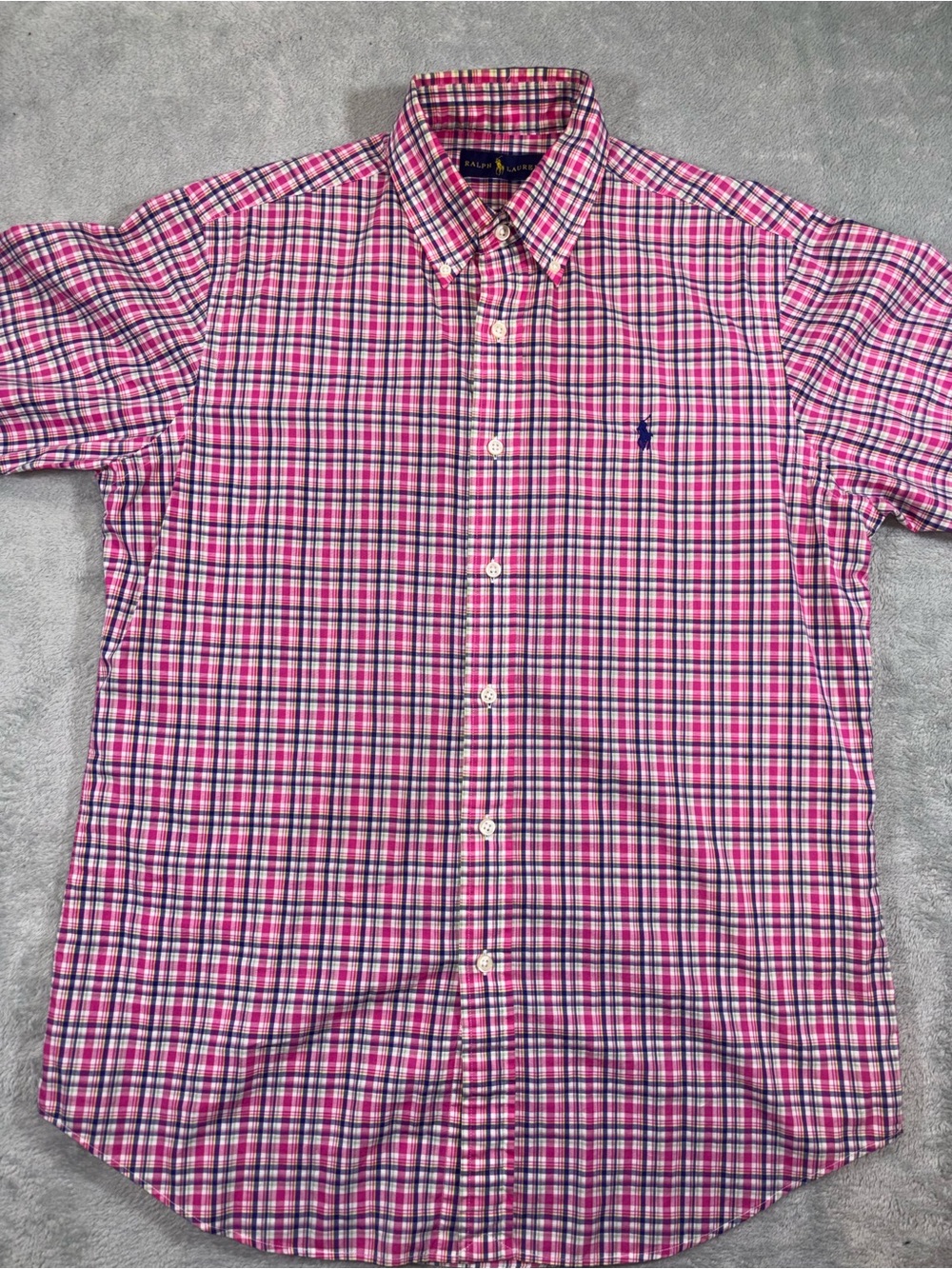 Polo Ralph Lauren Plaid Short Sleeve Button Down Shirt Medium Pink Blue
